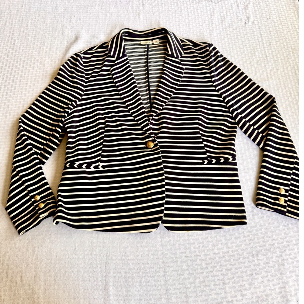 Cato Womens XL Navy Blue White Stripe Gold Button Nautical Knit Blazer Jacket